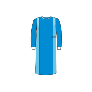 Mavi renkte tam korumalı cerrahi önlük, steril ve tek kullanımlık.